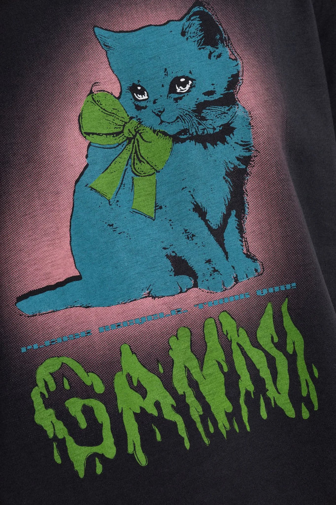ganni graphic print logo tee t-shirt phantom black neon kitty cat print slime