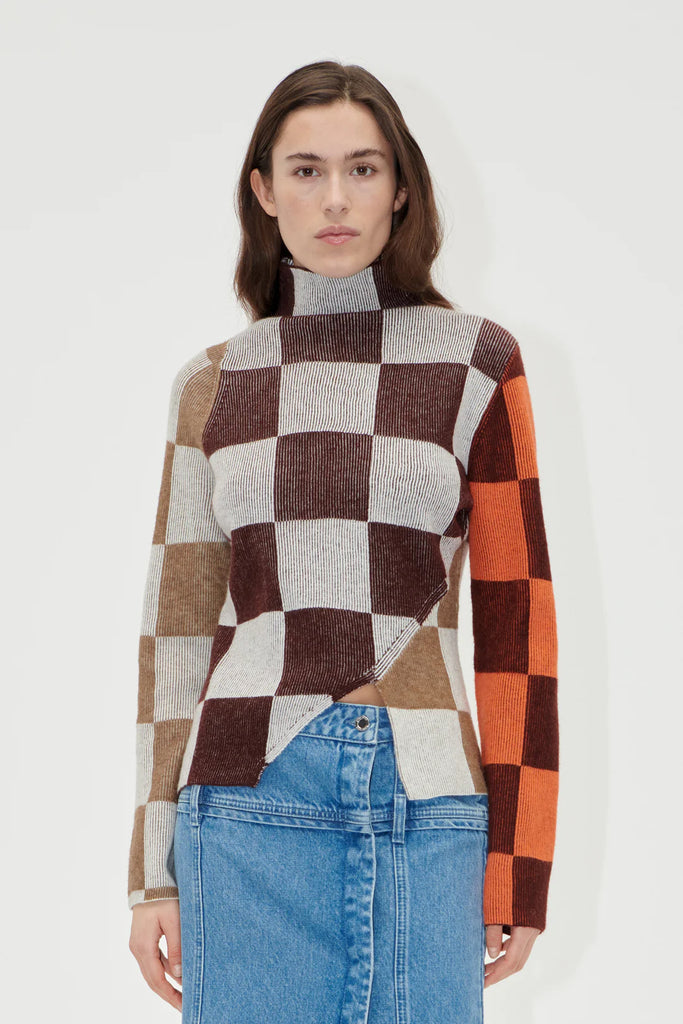 stine goya asymmetrical brown orange knitted checked jumper long sleeve top