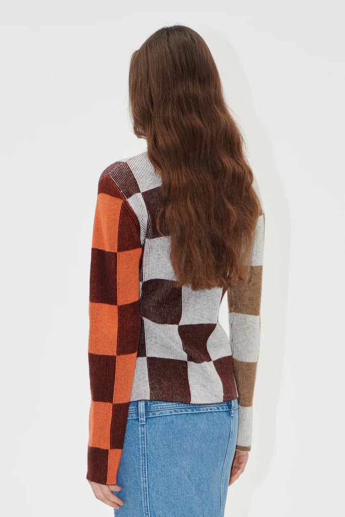 stine goya asymmetrical brown orange knitted checked jumper long sleeve top