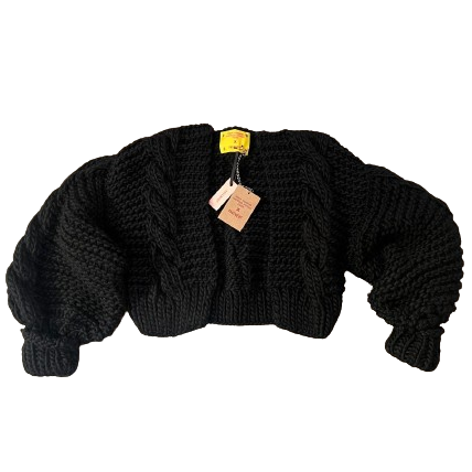 black cropped cable knit puff sleeve cardigan by WL Resting Stitch Face x PAVEMENT