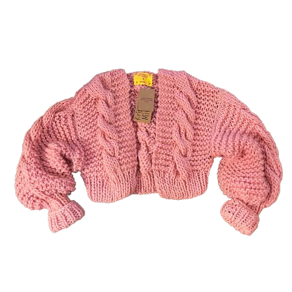candy pink cropped cable knit puff sleeve cardigan by WL Resting Stitch Face x PAVEMENT