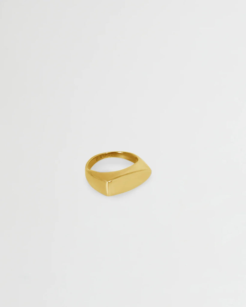 Product shot of gold Lark signet ring by Bar Jewellery