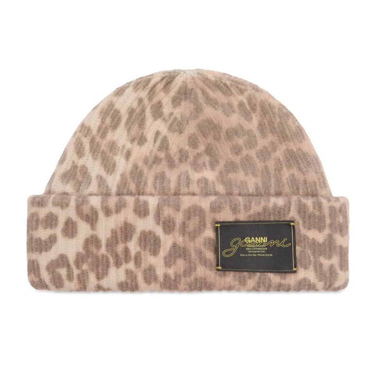 GANNI graphic wool-mix beanie in printed leopard ANIMAL