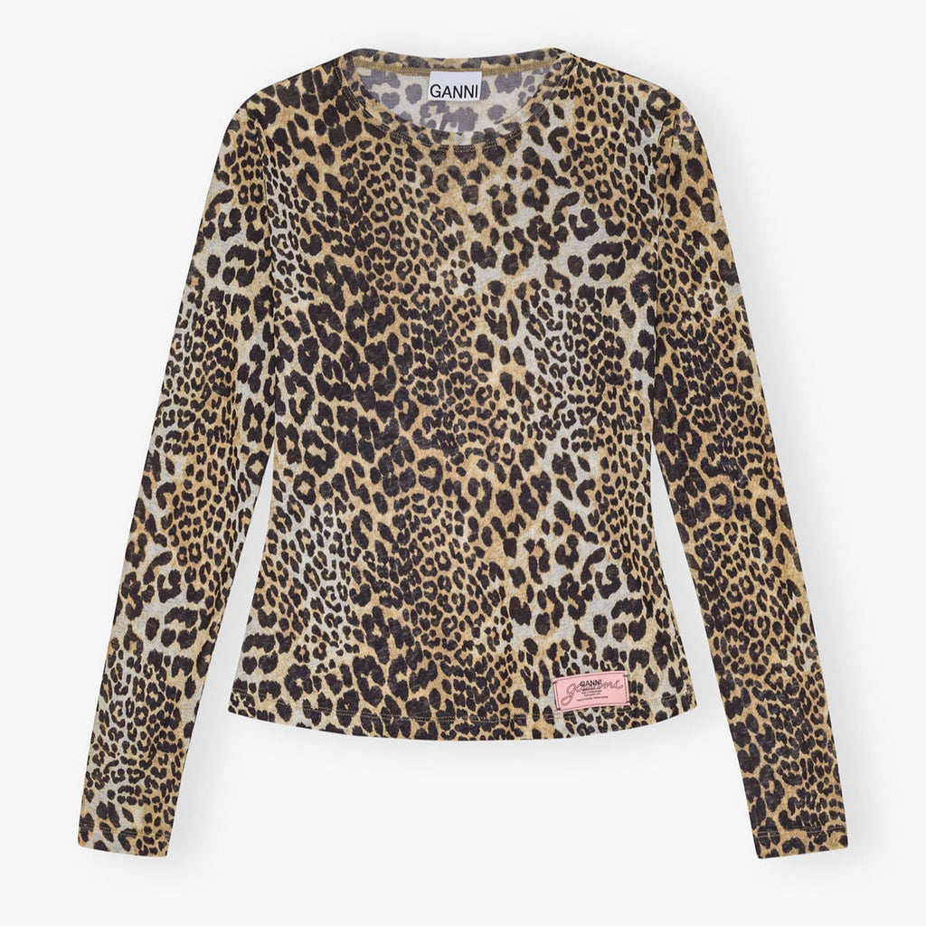 GANNI animal leopard print mesh long sleeve top blouse 