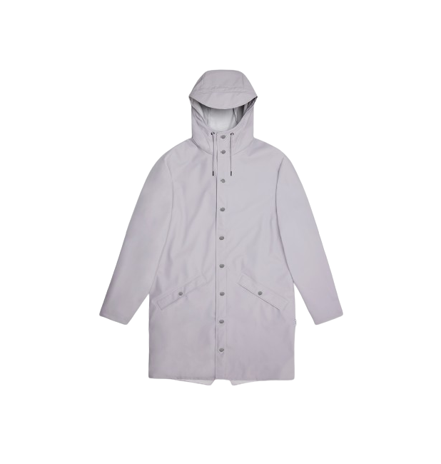 grey flint long rain jacket with hood by Rains