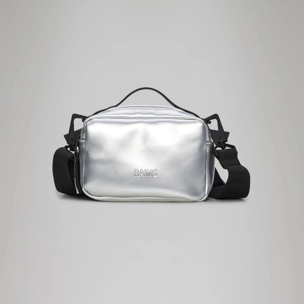 rains micro box cross body hand bag silver mirror