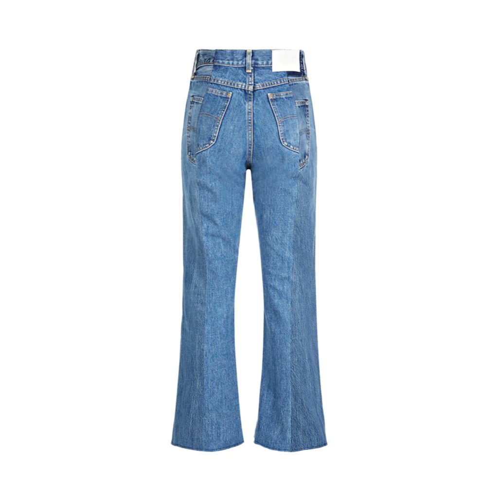 mid blue colour matched cropped flare denim jeans by ELV Denim