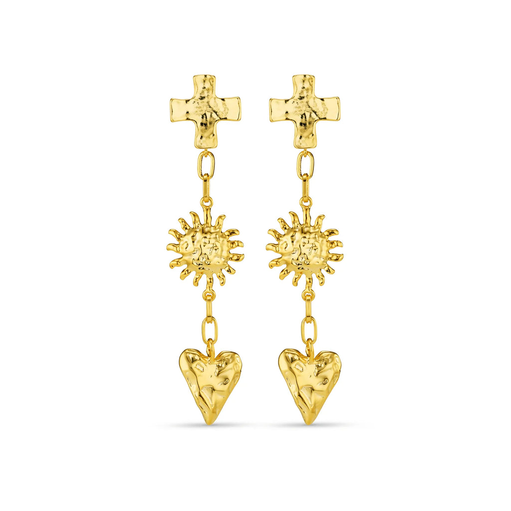 Orelia Molten Statement Charm Drop Earrings cross sun heart