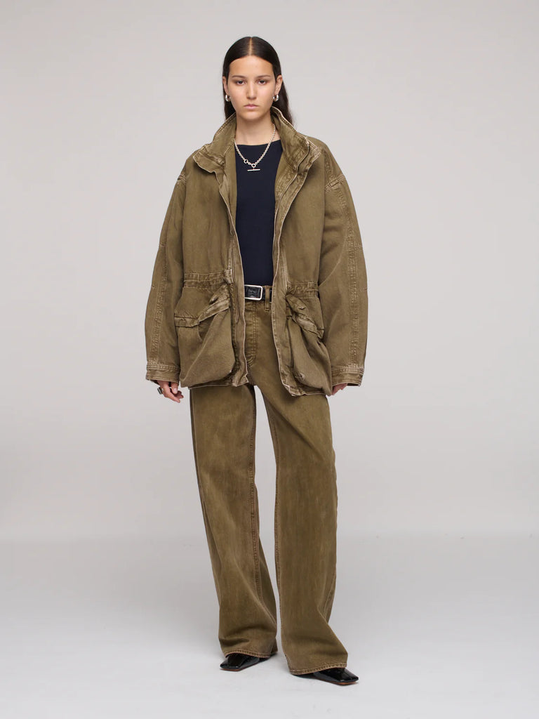 DALA Mountain utility Jacket with toggle waist and double-ended front zip dark olive green