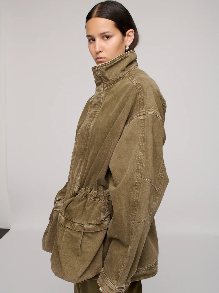 DALA Mountain utility Jacket with toggle waist and double-ended front zip dark olive green