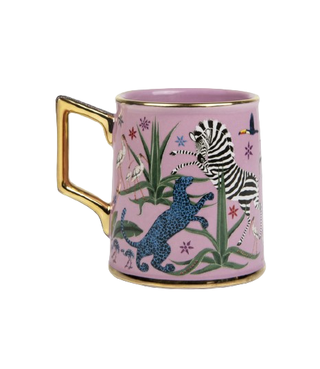 pink mug with gold handle and jungle animals zebra cheetah