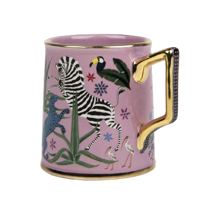 pink mug with gold handle and jungle animals zebra cheetah