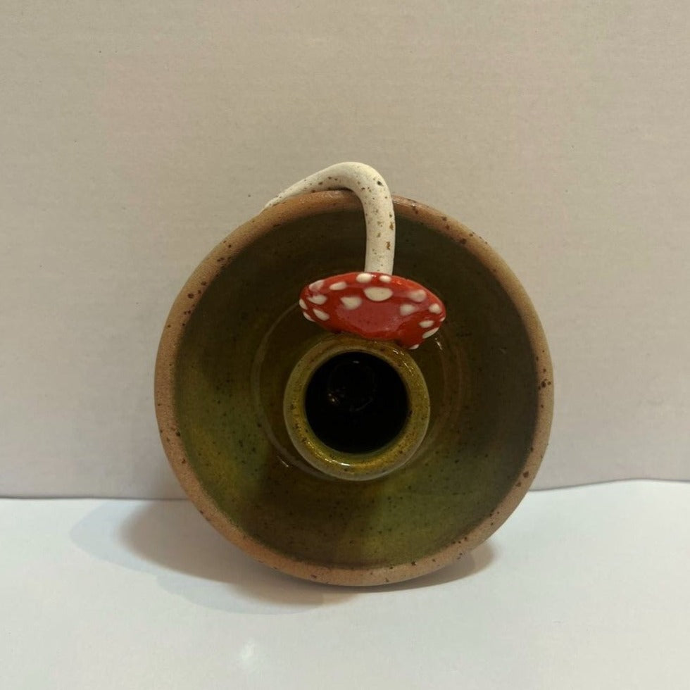 olive green glaze ceramic mushroom toadstool candle stick candlestick holder by chloe charlett