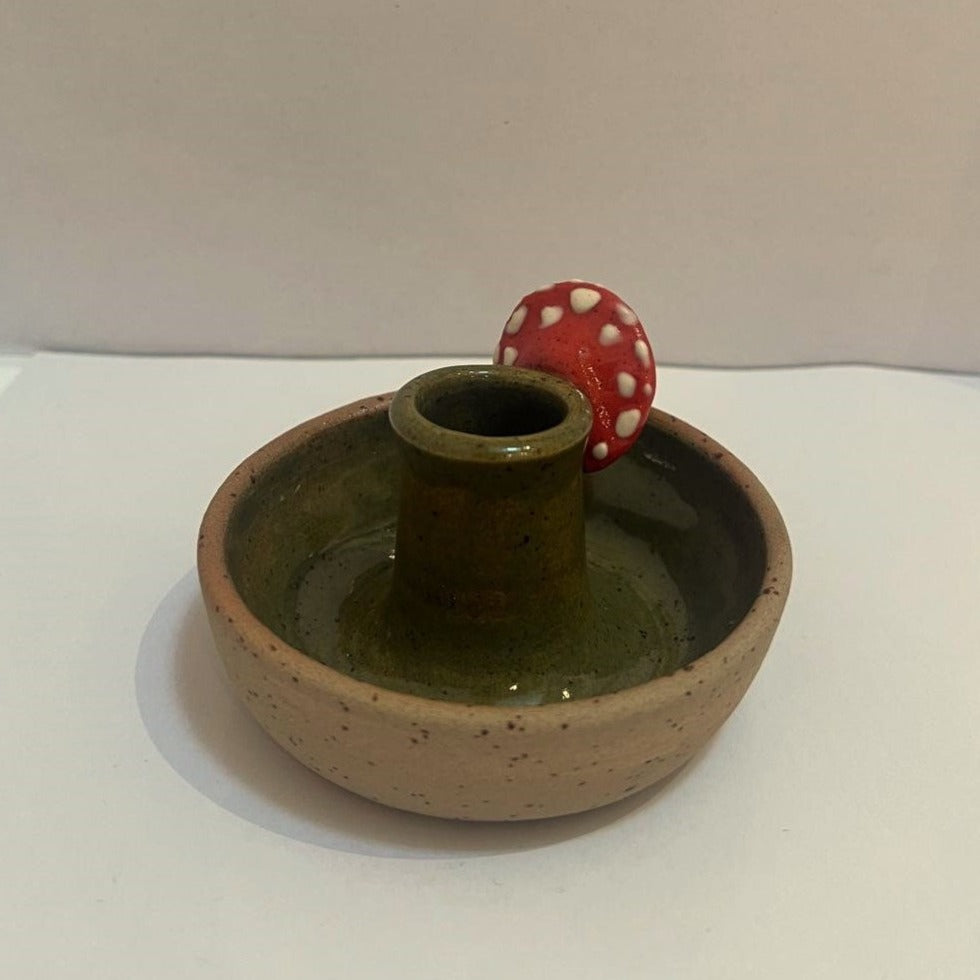 olive green glaze ceramic mushroom toadstool candle stick candlestick holder by chloe charlett