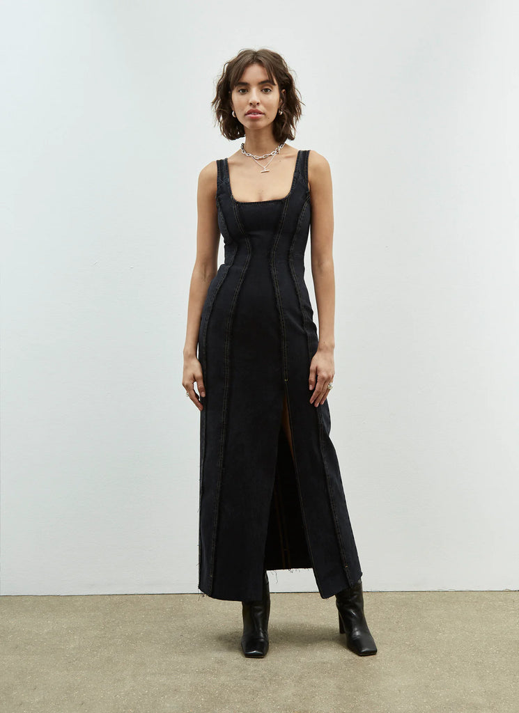 fitted panelled dark denim on tap maxi dress with side split by DALA
