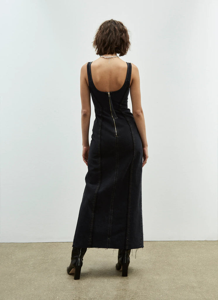 fitted panelled dark denim on tap maxi dress with side split by DALA