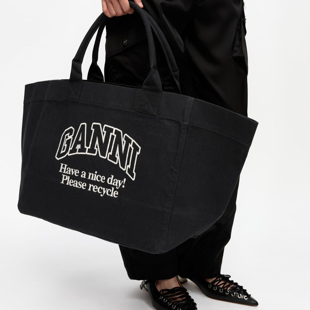 ganni oversized XXL XL tote bag black phantom white logo have a nice day! please recycle