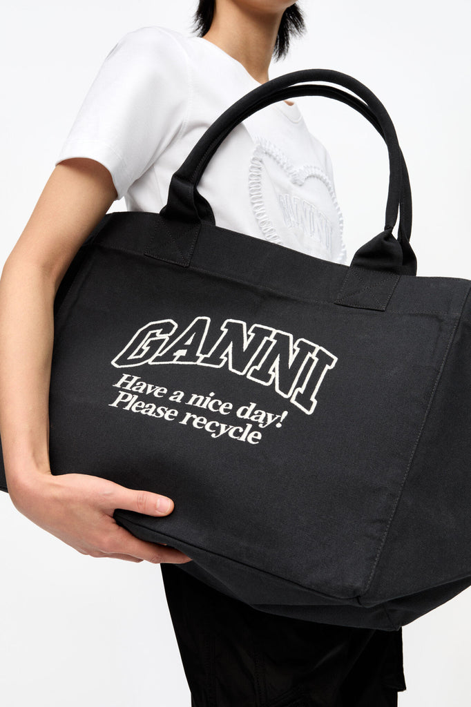 ganni oversized XXL XL tote bag black phantom white logo have a nice day! please recycle