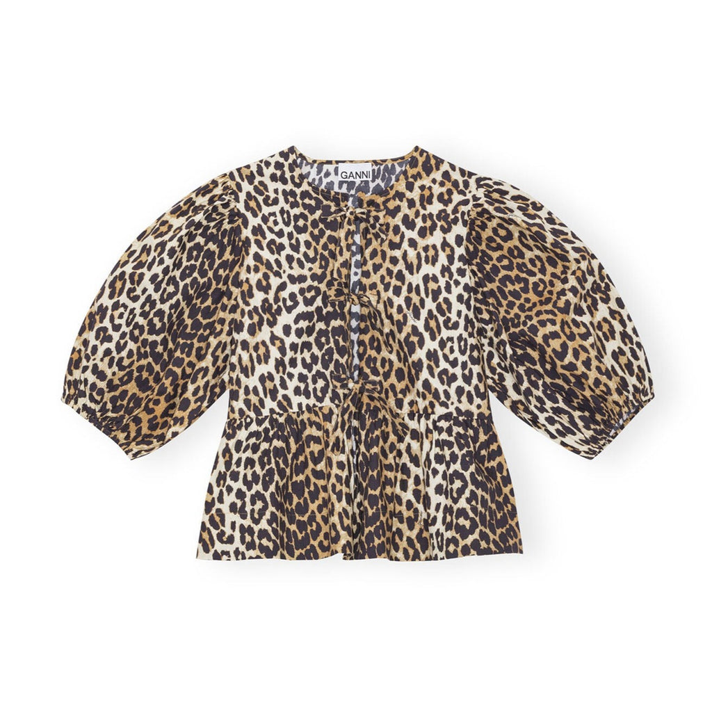 leopard cotton poplin peplum tie front blouse by Ganni