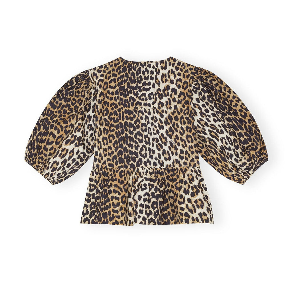 leopard cotton poplin peplum tie front blouse by Ganni