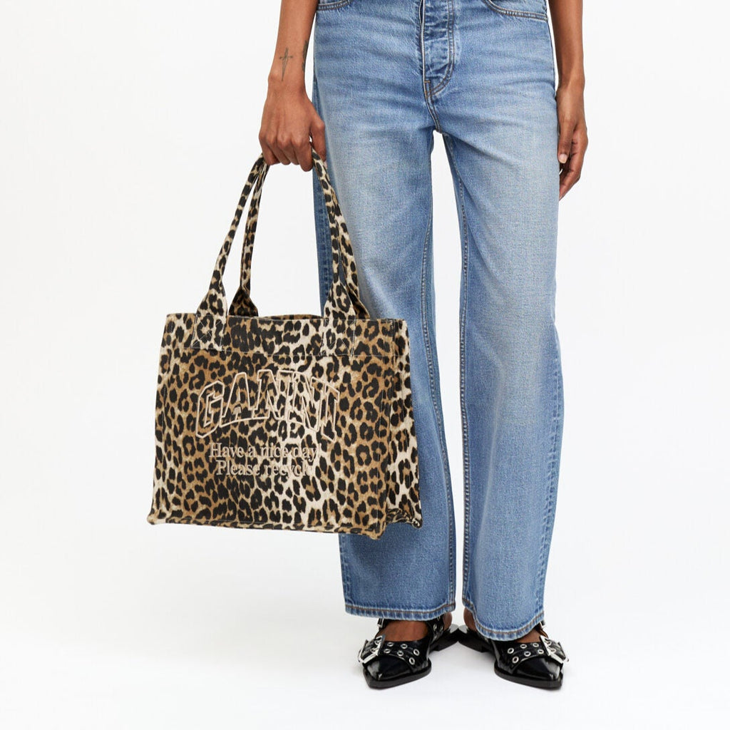 GANNI leopard print canvas large tote bag embroidered logo have a nice day organic cotton