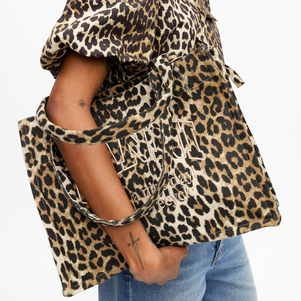 GANNI leopard print canvas large tote bag embroidered logo have a nice day organic cotton