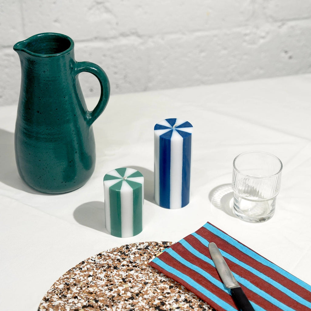 Yod & co Small Pillar Candle Moss Green & White Stripe
