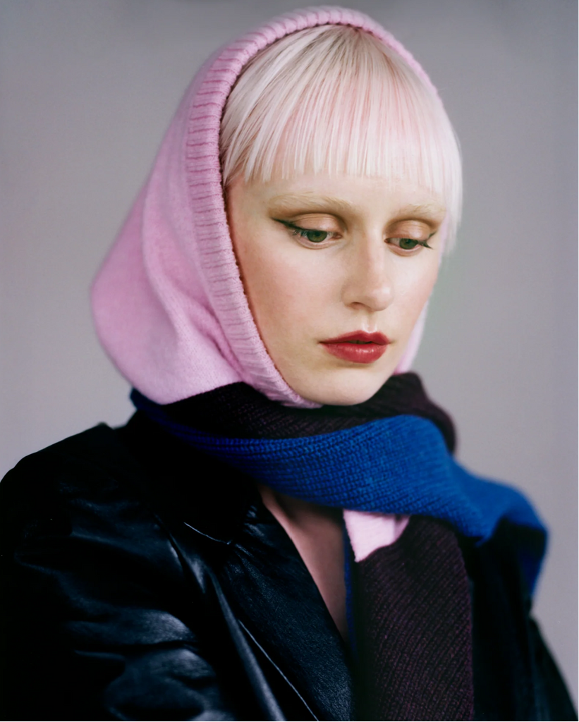 knitted wool scarf with hood in pink blue and burgundy by hades
