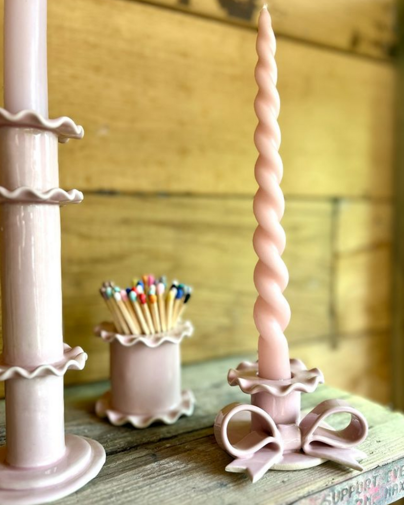 superfluities bow frill ceramic candle stick holder pink