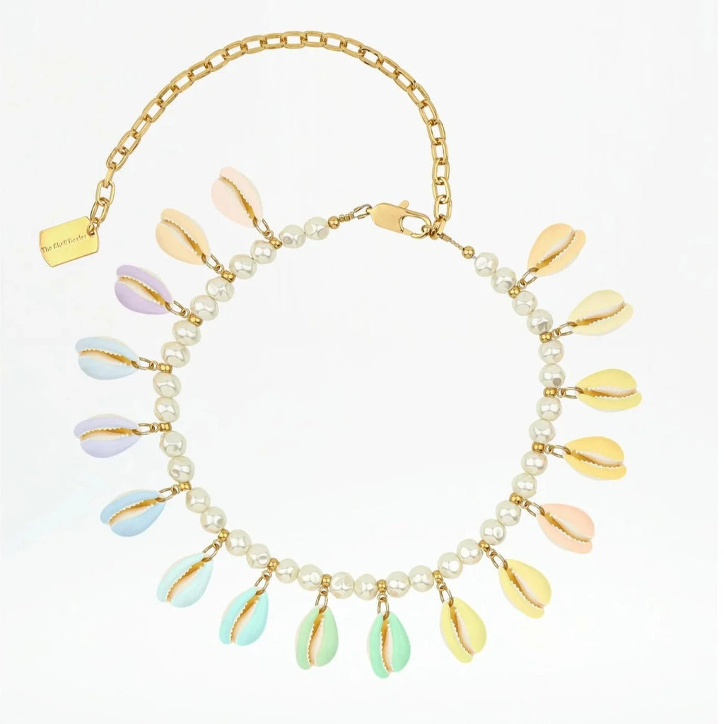 pearl beaded poppers necklace with multi-coloured pastel cowrie shells by the shell dealer