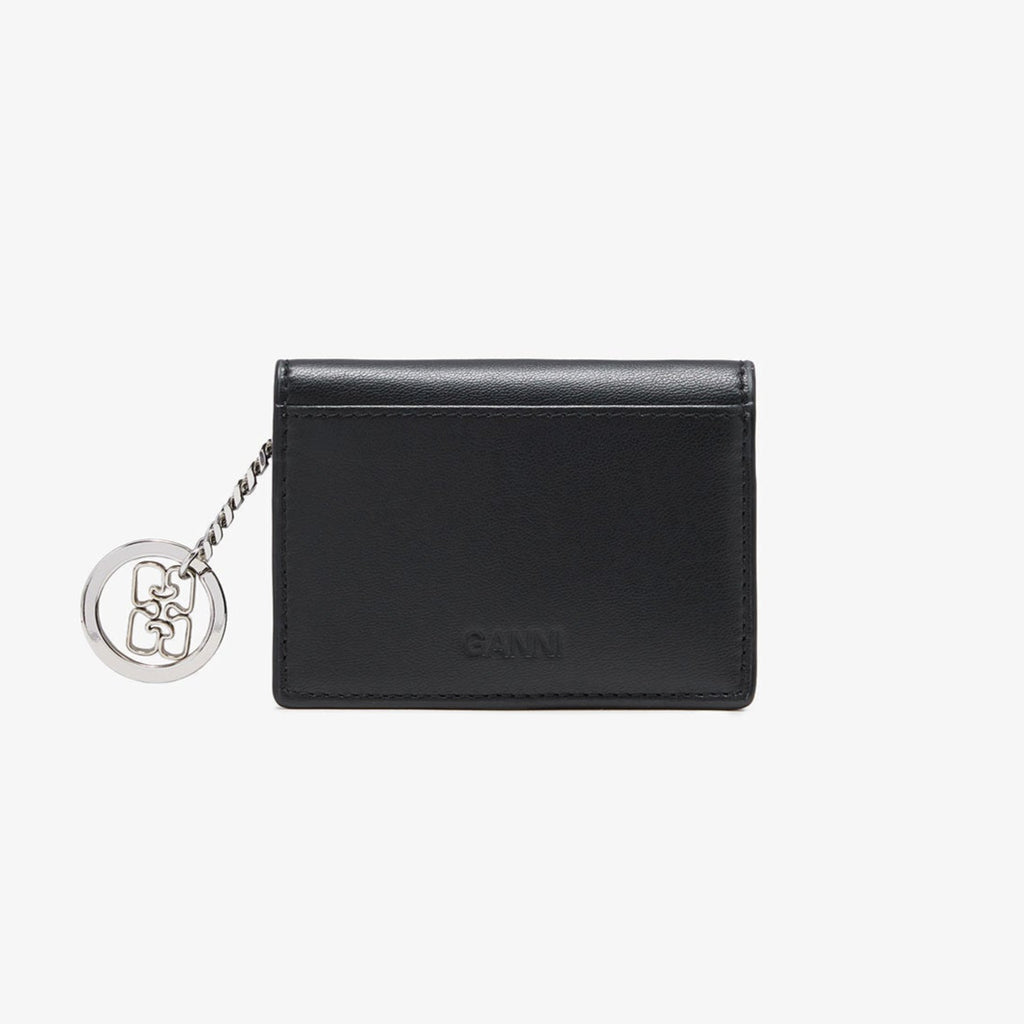 ganni bou card holder wallet faux leather black puppy neon logo silver butterfly chain