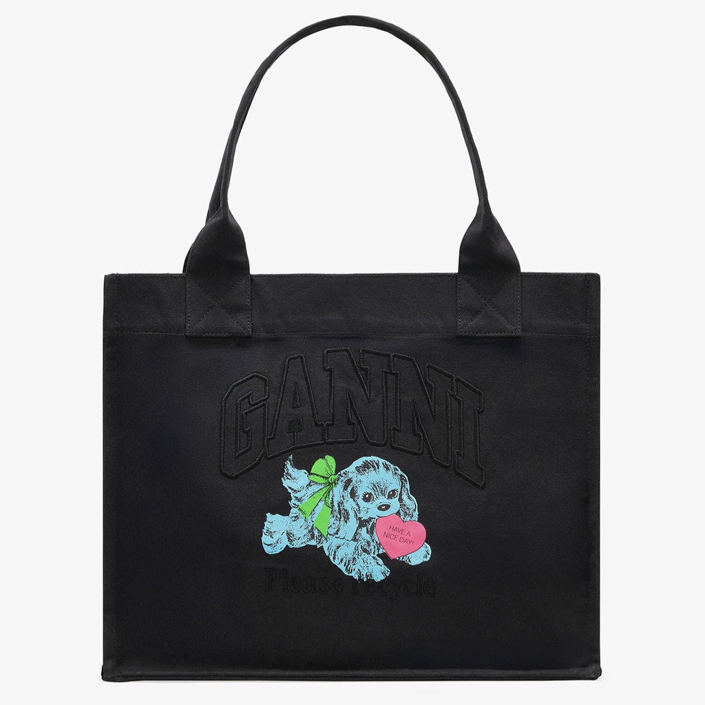 ganni black puppy large tote top handle bag 