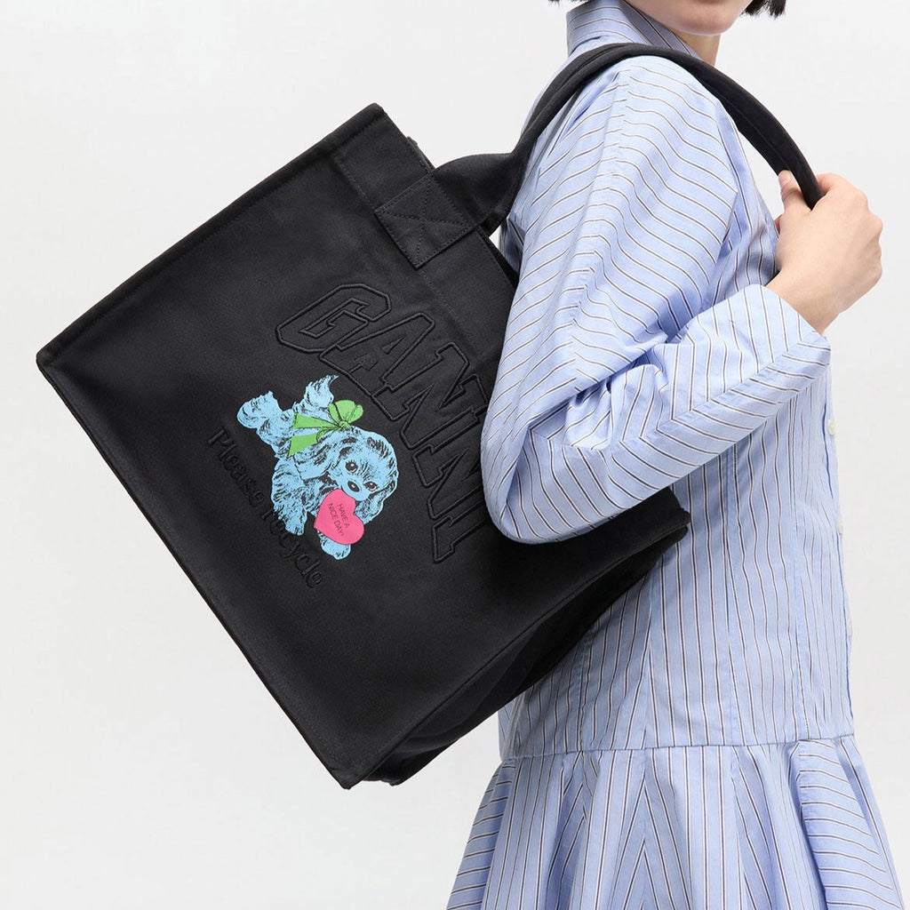 ganni black puppy large tote top handle bag 