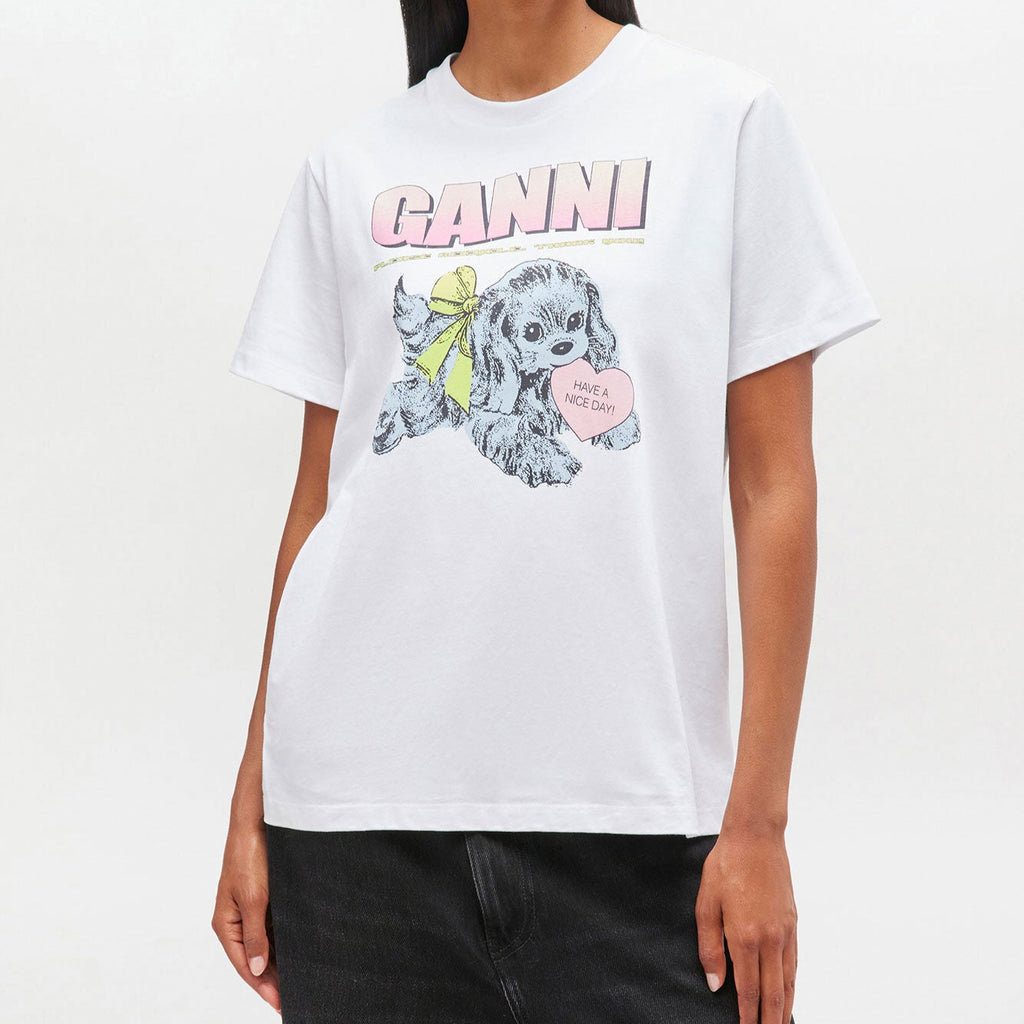 ganni neon puppy dog print logo tee t-shirt white organic cotton