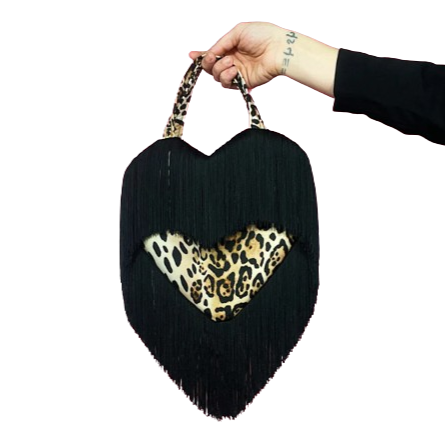 Leopard print Queenie bag with black fringe trim by Katie France London