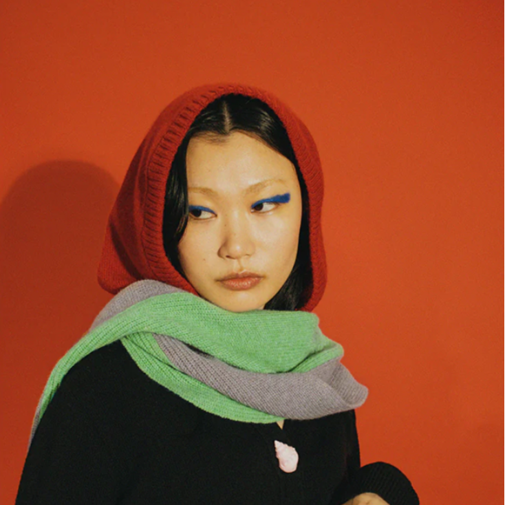 knitted wool scarf with hood in red green and grey by hades