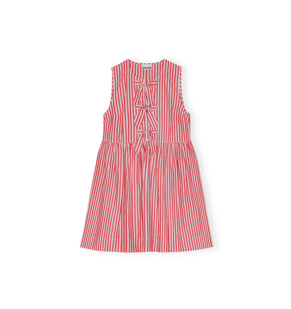 ganni red stripe cotton poplin tie front mini dress