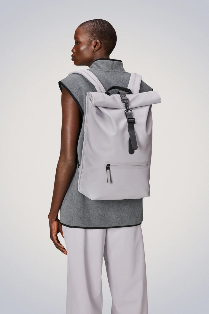 grey flint roll top waterproof rucksack with buckle by Rains