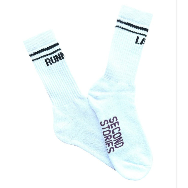 second stories cotton sports slogan white socks RUNNING LATE