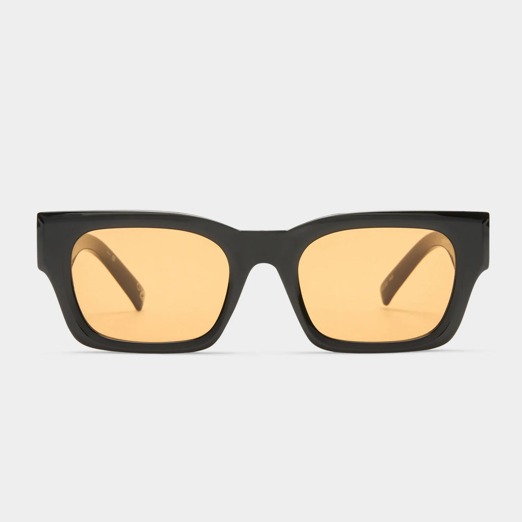 le specs unisex rectangle frame shmood sunglasses black with amber tint 