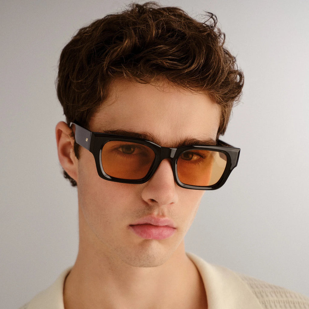 le specs unisex rectangle frame shmood sunglasses black with amber tint 