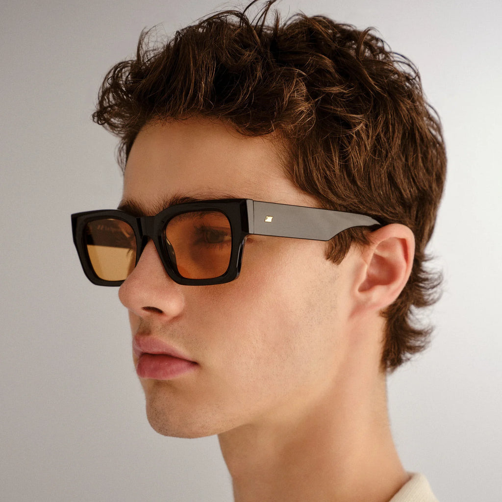 le specs unisex rectangle frame shmood sunglasses black with amber tint 