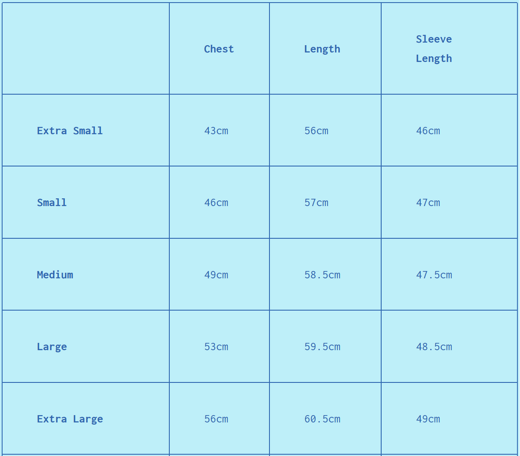 hades knitwear sizing info