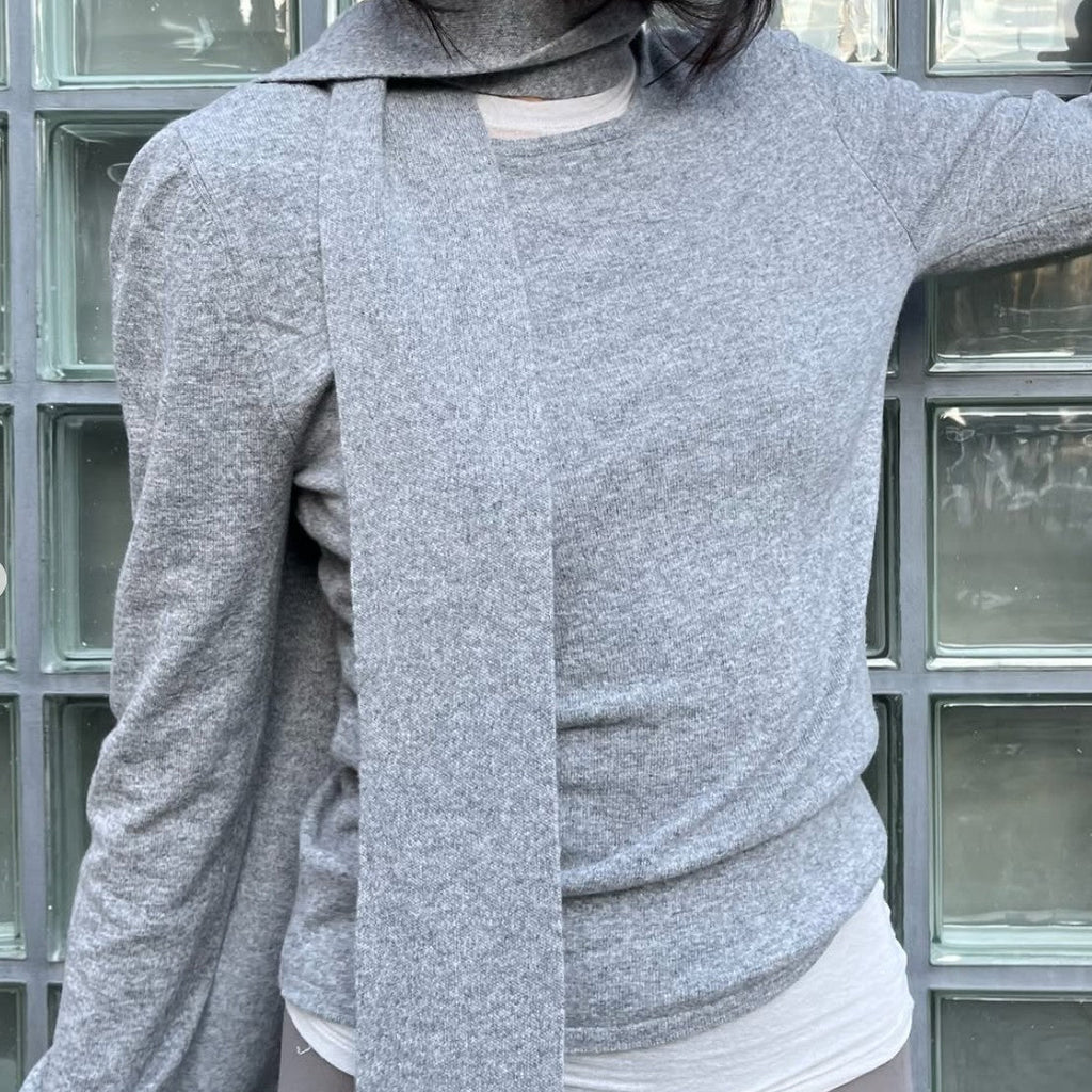Stone grey Jumper with attached scarf by Pickles Knitwear, made from 100% Italian lambswool