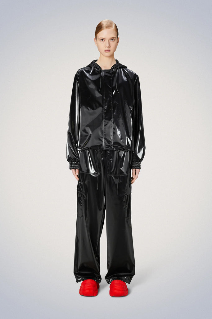 Rains cropped string waterproof jacket with hood night shiny black