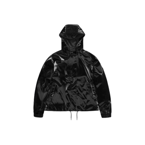 shiny black cropped string waterproof jacket with hood by Rains