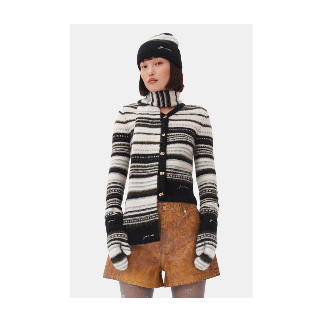 ganni black white striped skinny scarf logo alpaca wool 