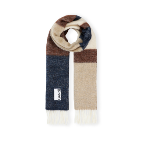 blue, brown, and cream block striped scarf by Ganni