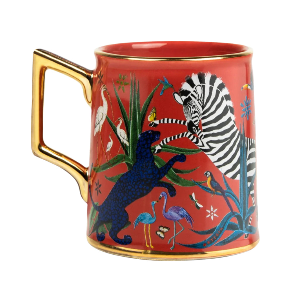 corallo coral red ceramic tazza mug with jungle animals by Ortigia