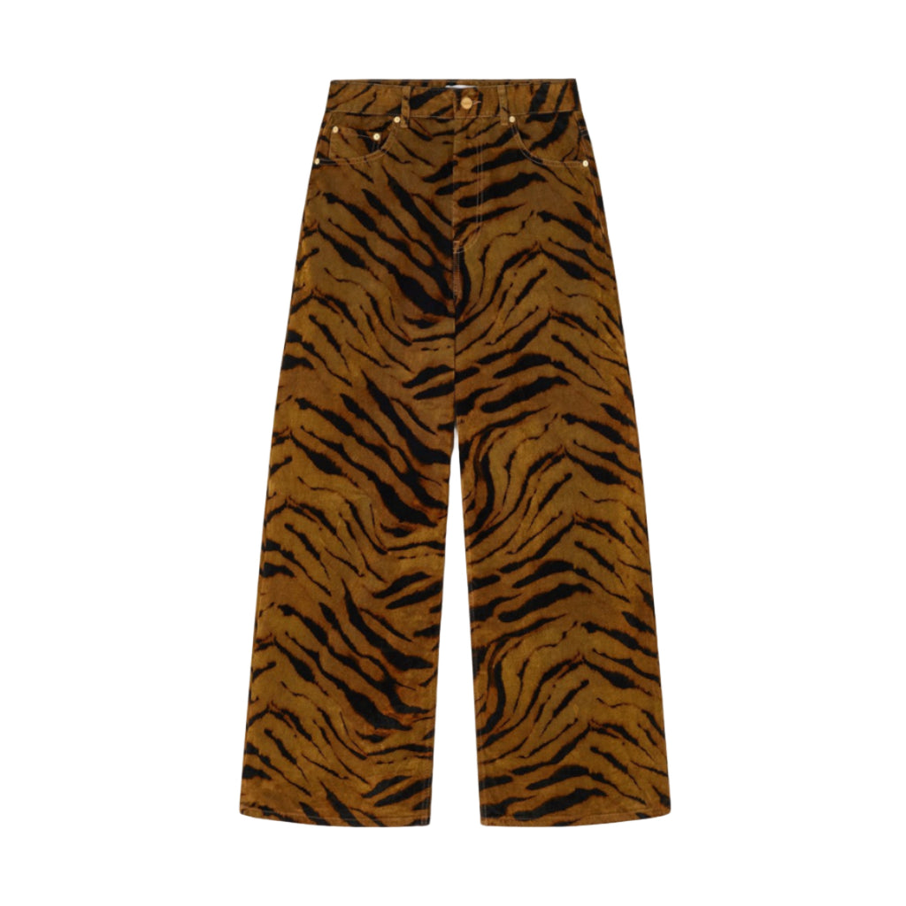 ganni baggy wide leg high waist jeans in flocked brown black tiger print